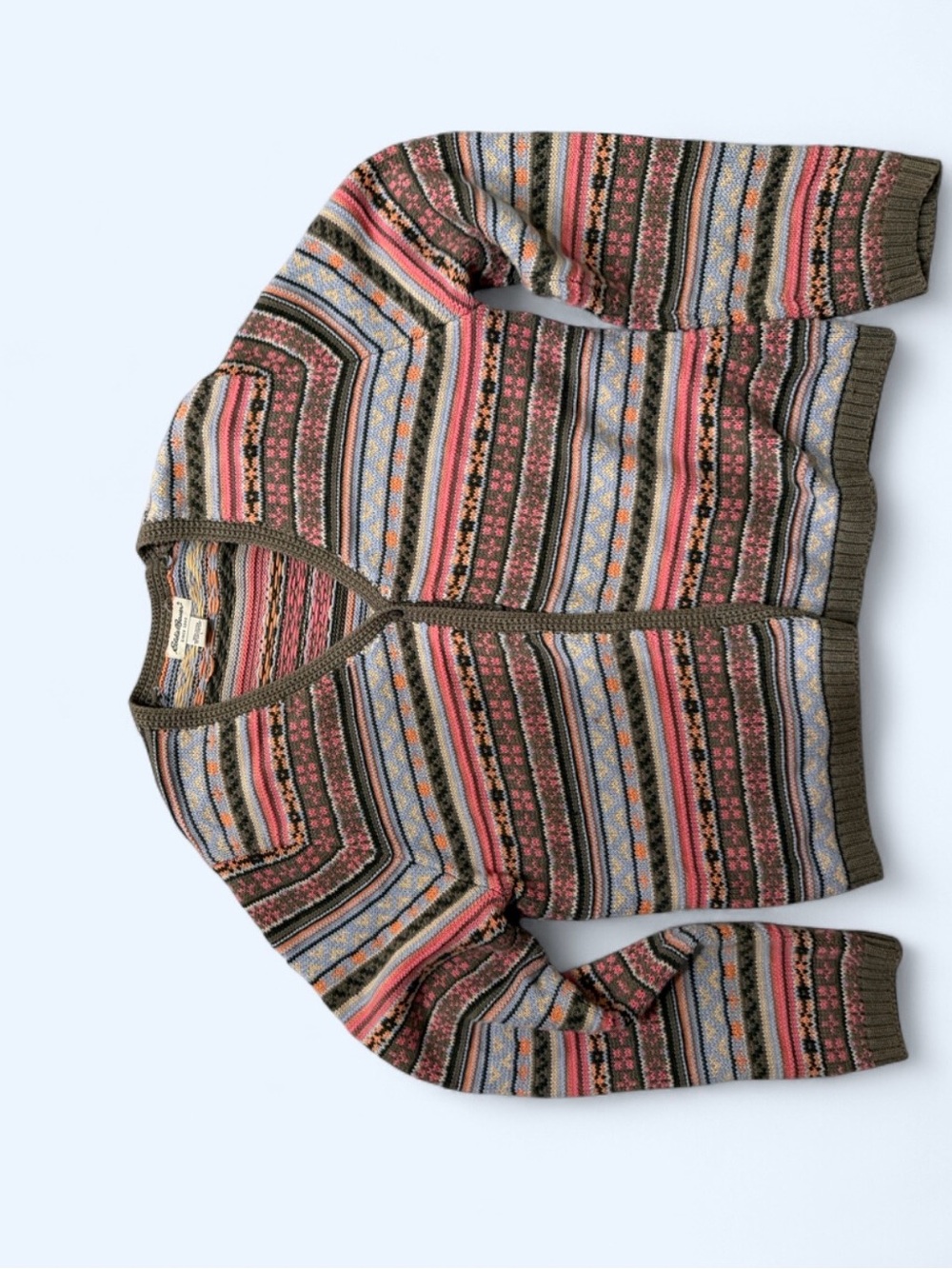 Eddie Bauer Multicolor Striped Fair Isle Cardigan - Olive, Pink, Blue, Cream